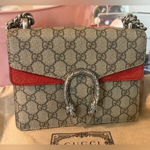 Gucci Dionysus Small GG Supreme Canvas Crossbody with Red Suede Trim